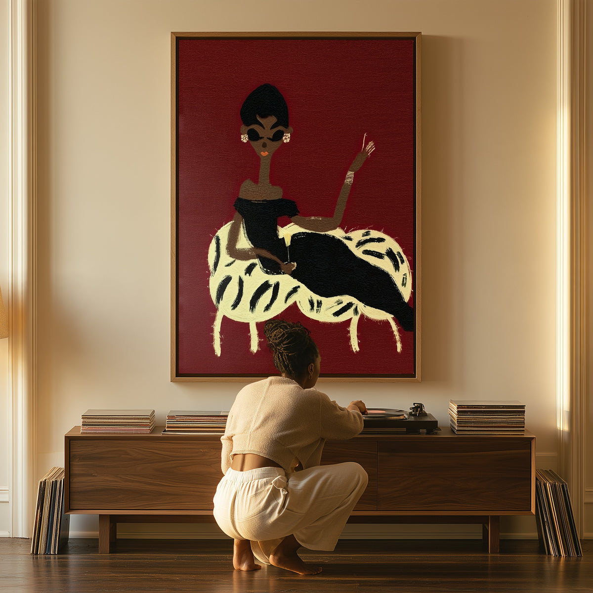 Lady on the Chaise canvas above a console table, a woman beside it