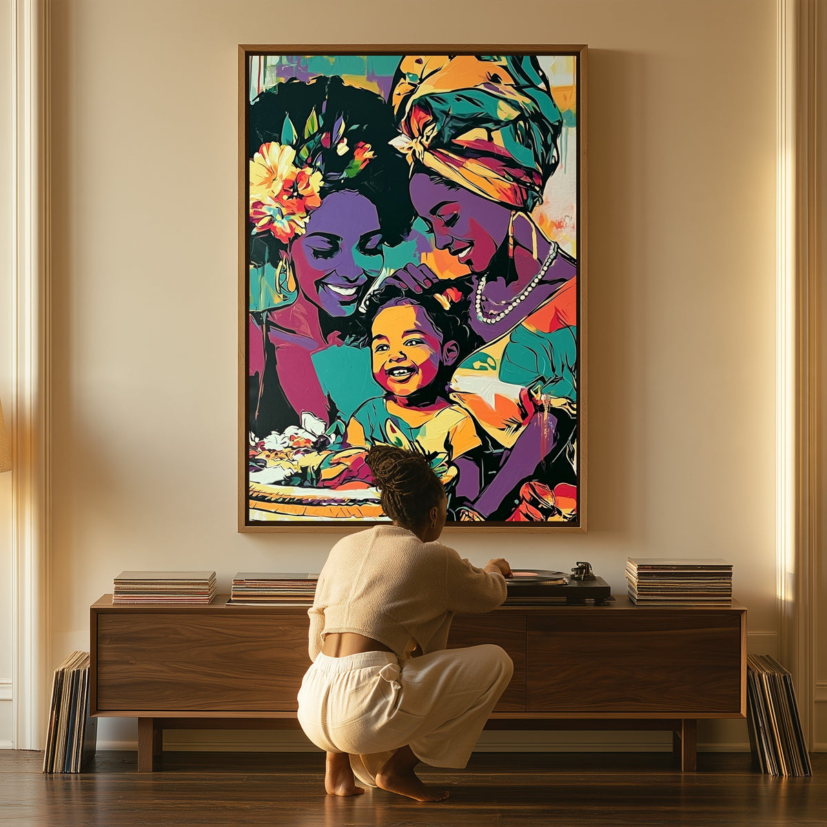 Held Between Us canvas above a console table, a woman beside it
