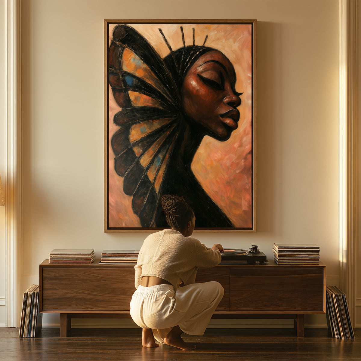 The Chrysalis canvas above a console table, a woman beside it