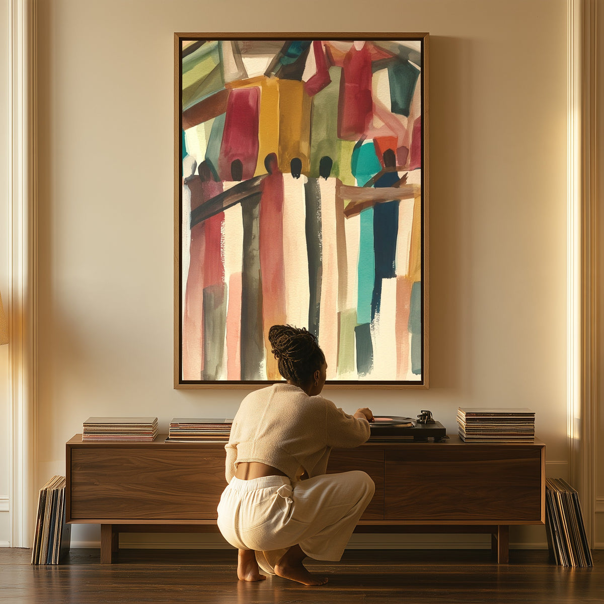 Shoulder to Shoulder canvas above a console table, a woman beside it