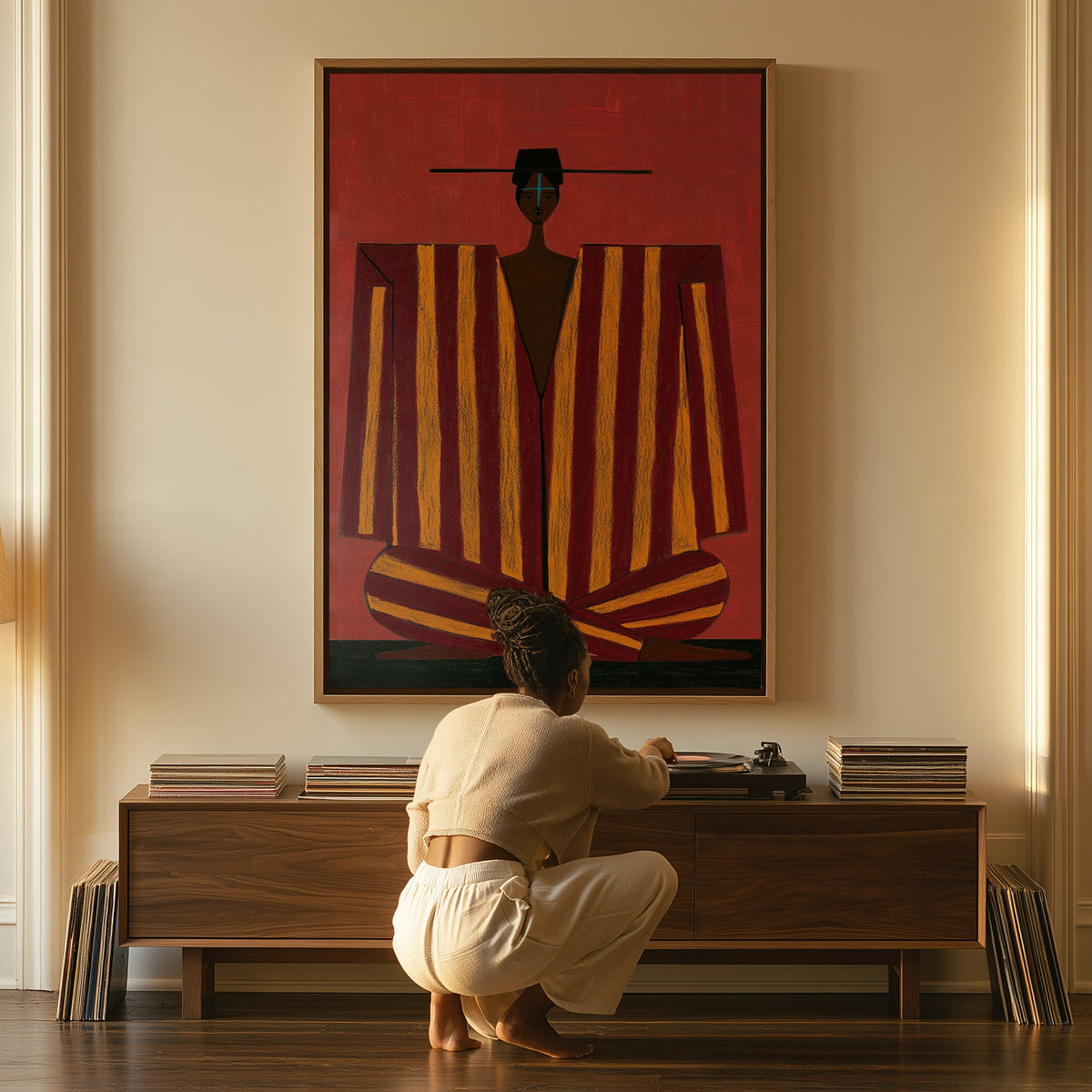 Carmine Stillness canvas above a console table, a woman beside it