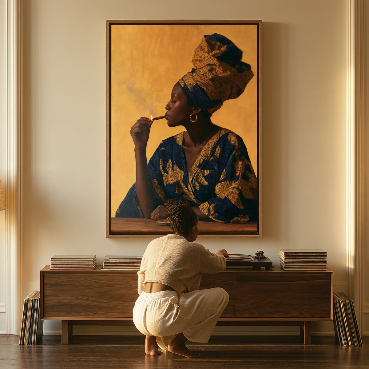 Woman with a Match canvas above a console table, a woman beside it