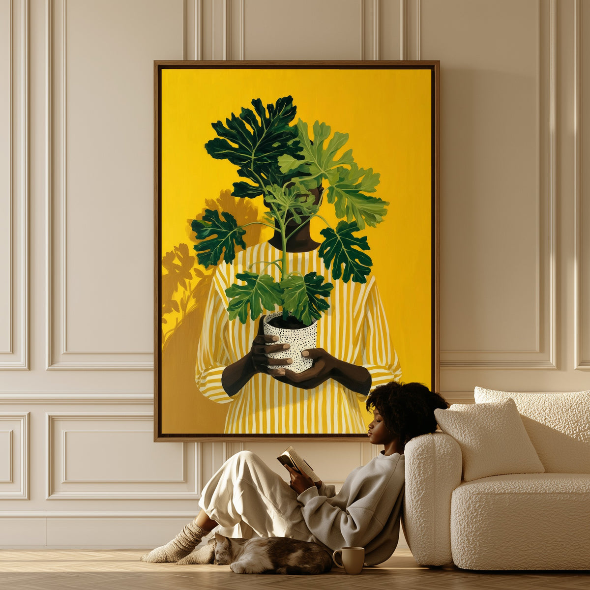 Leaf and Light canvas in a living room, a woman reading on the floor