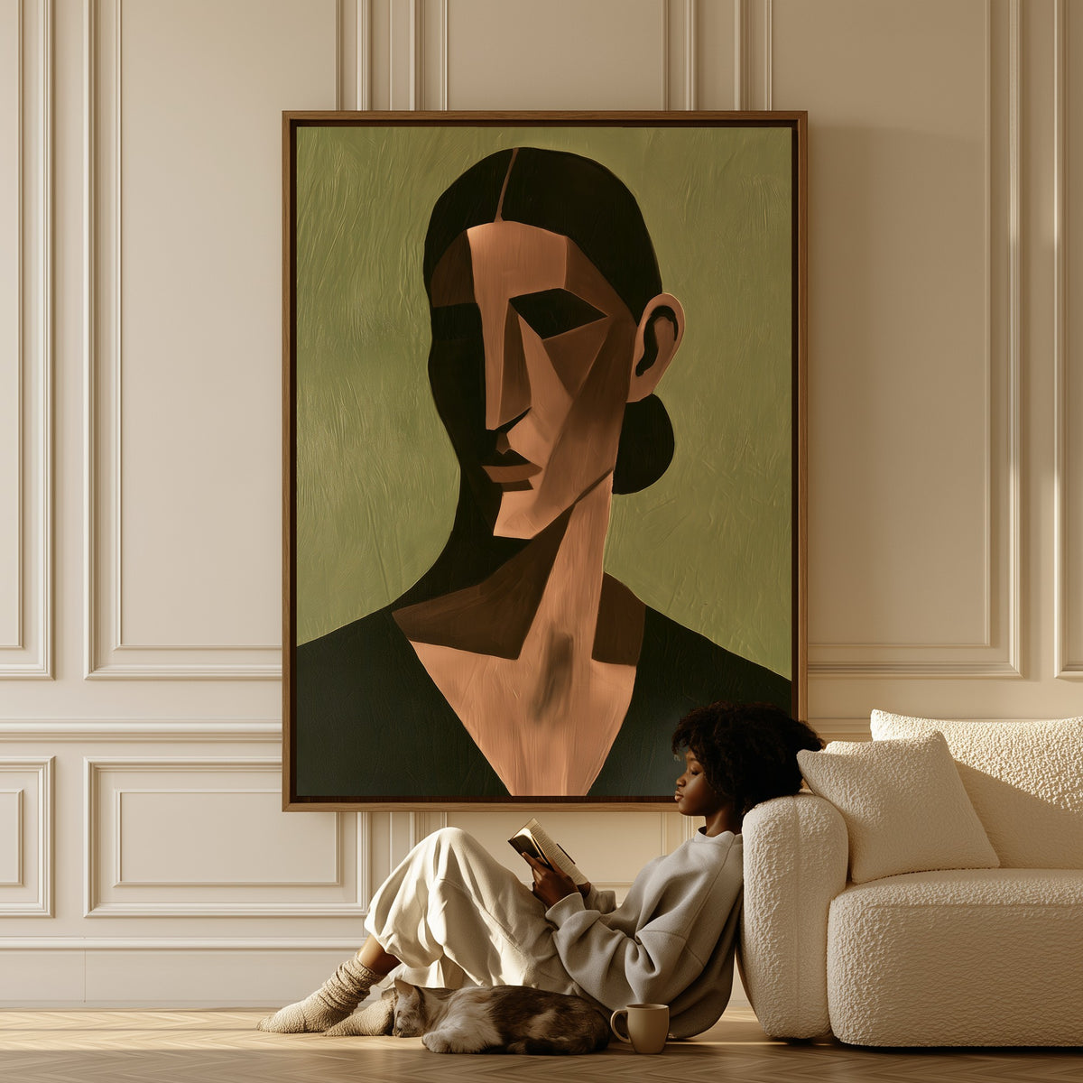 Quiet Geometry canvas in a living room, a woman reading on the floor