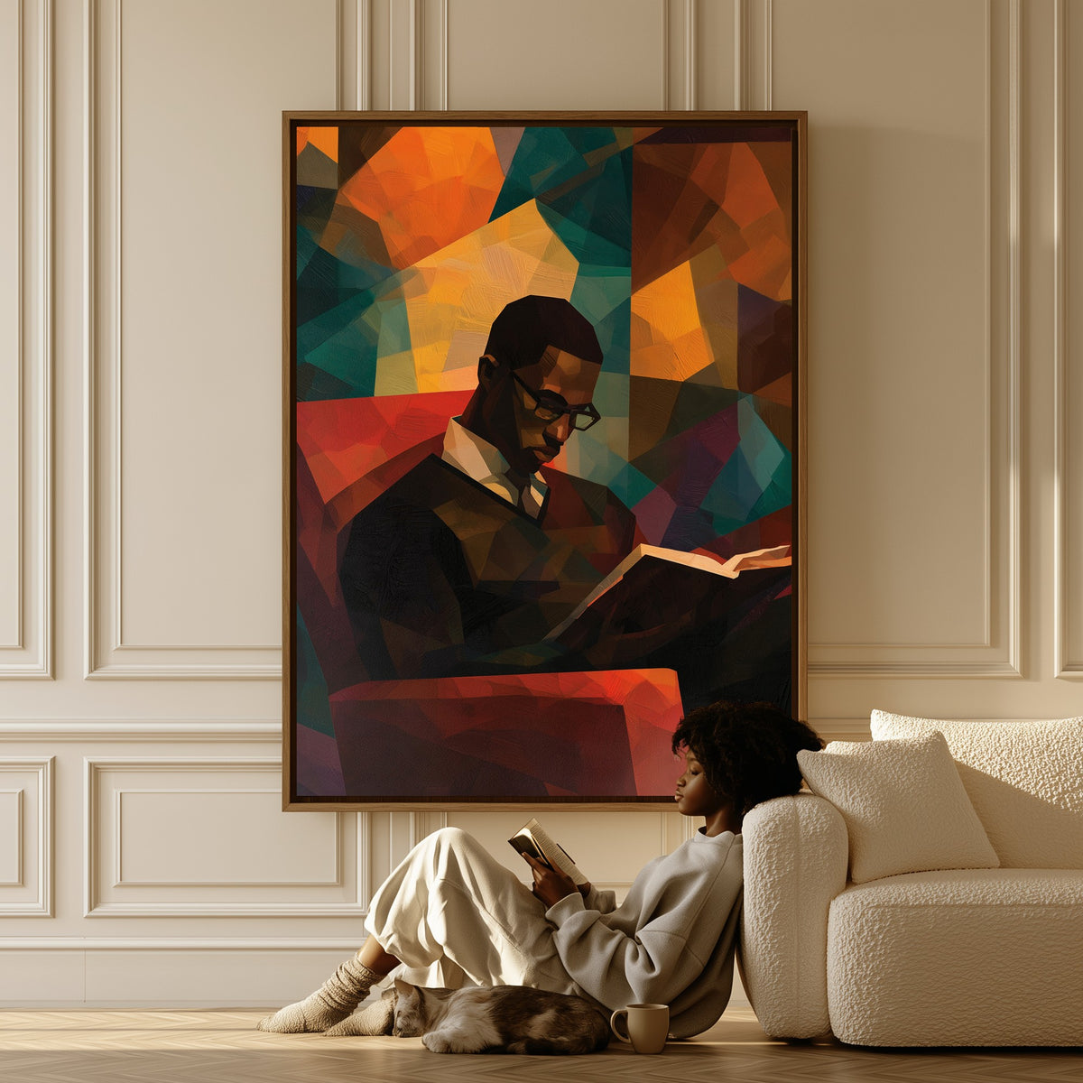 Faceted Thought canvas in a living room, a woman reading on the floor