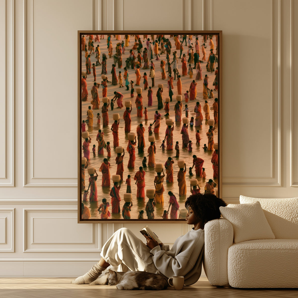 The Water Carriers canvas in a living room, a woman reading on the floor