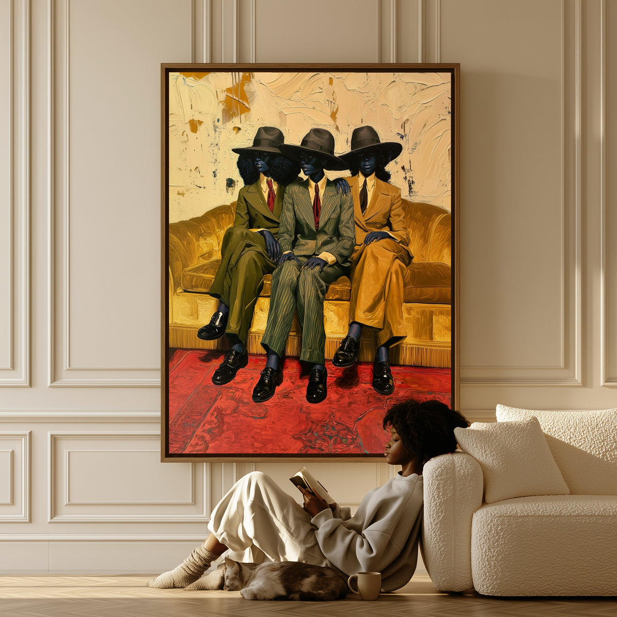 Three on the Sofa canvas in a living room, a woman reading on the floor