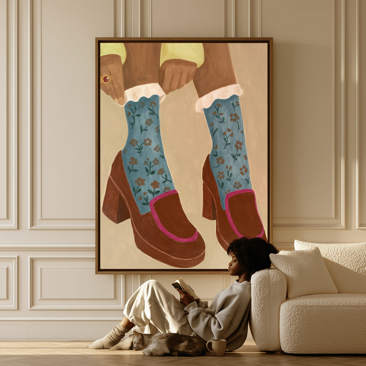Study in Floral Socks canvas in a living room, a woman reading on the floor