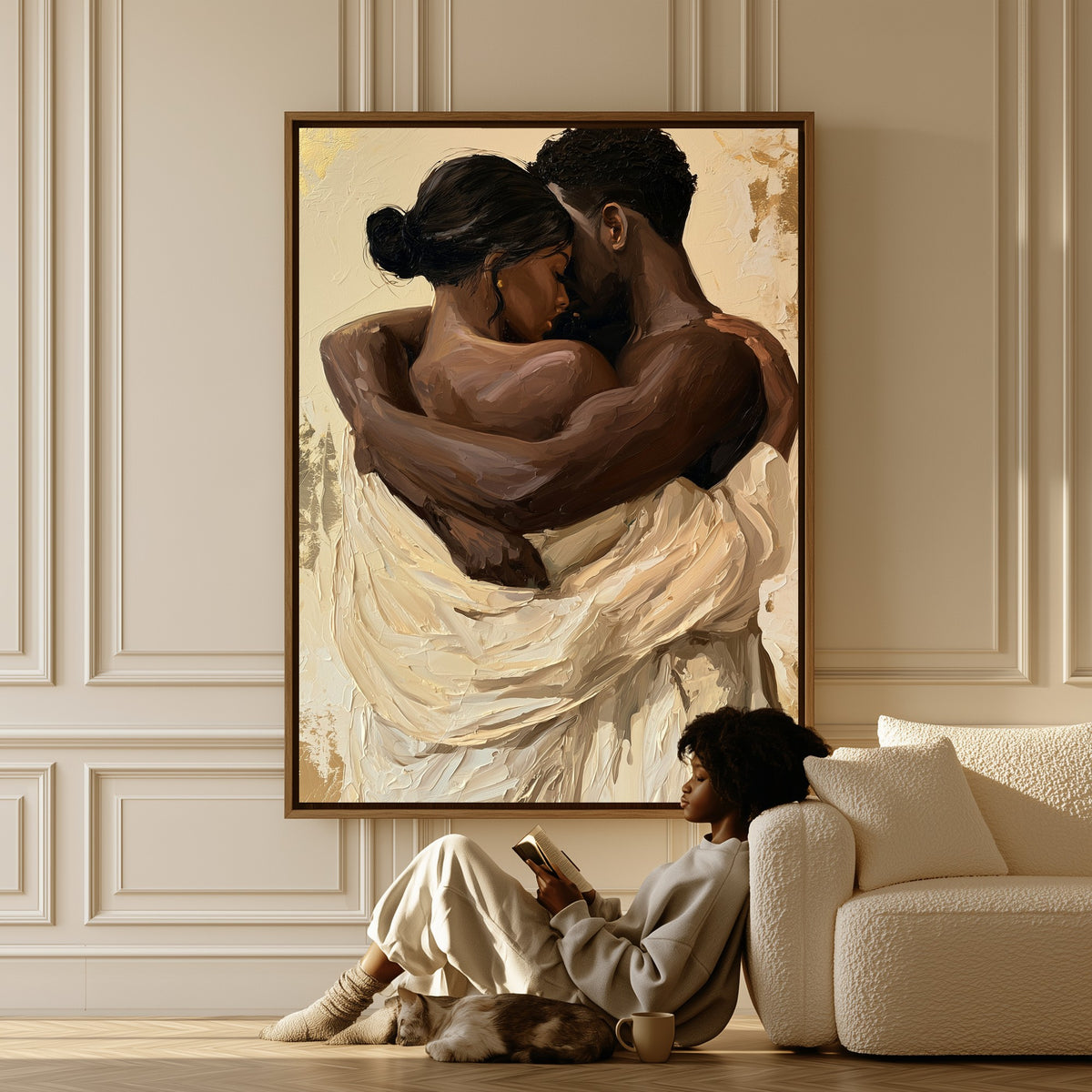 The Embrace canvas in a living room, a woman reading on the floor