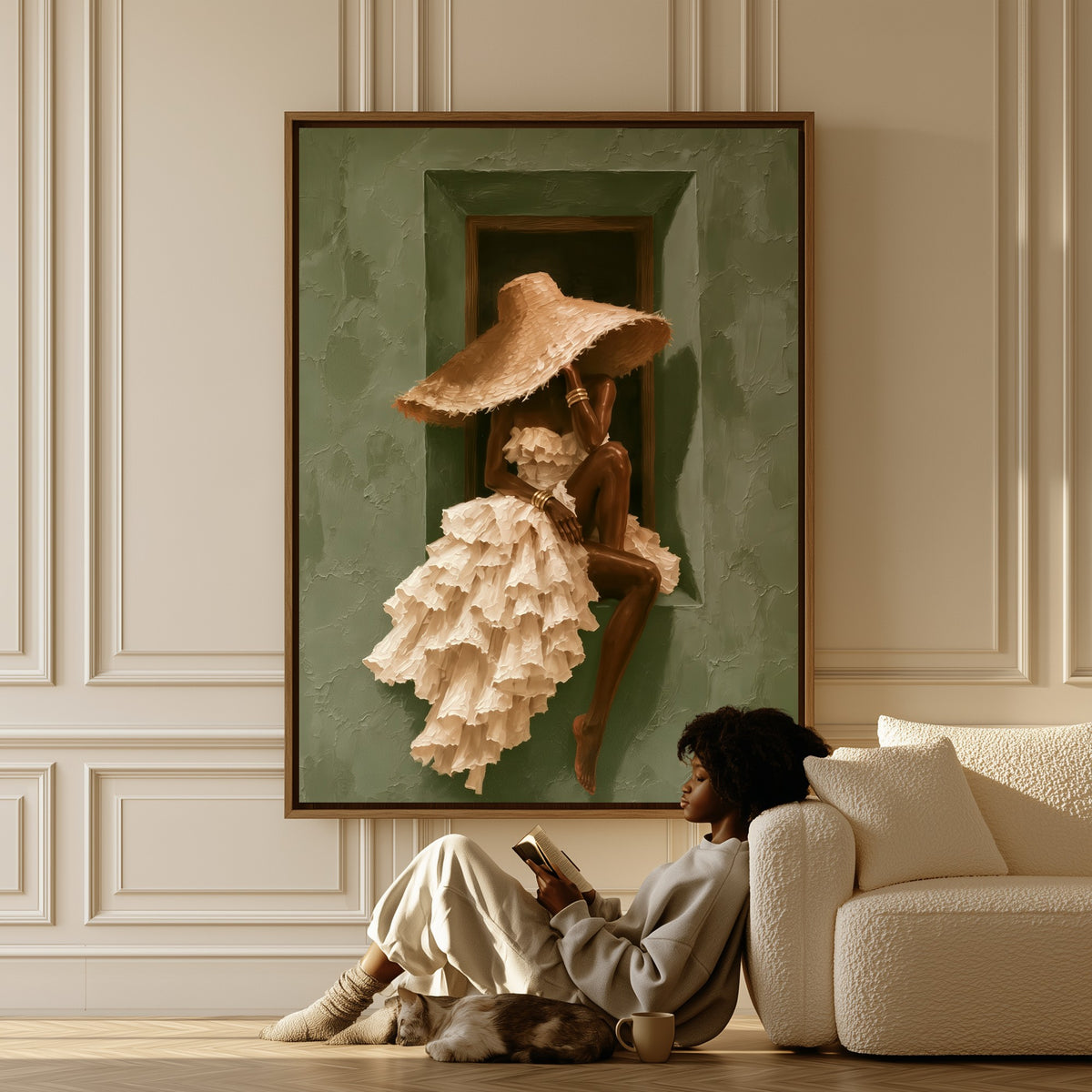 Afternoon Hush canvas in a living room, a woman reading on the floor