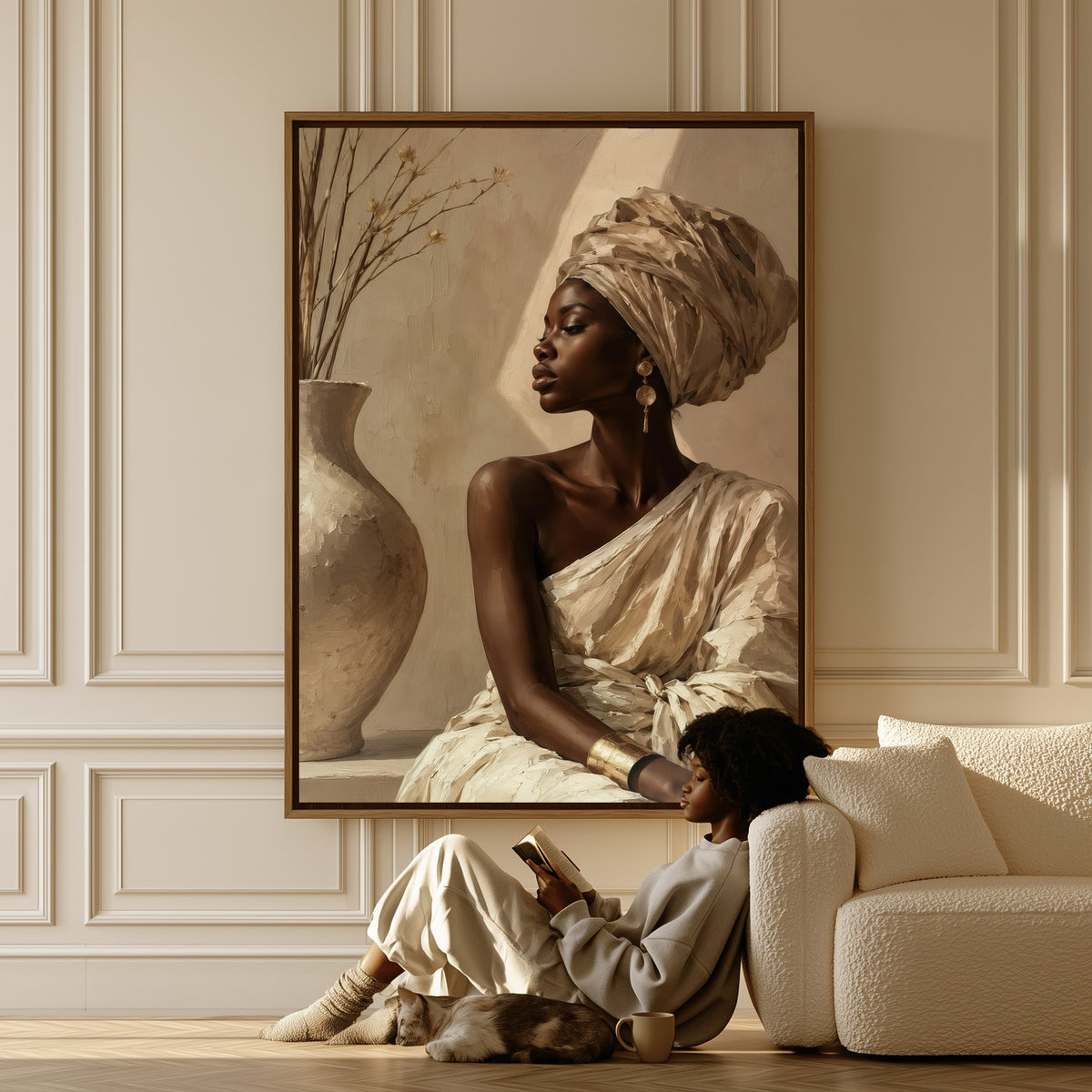 Woman with a Vase canvas in a living room, a woman reading on the floor