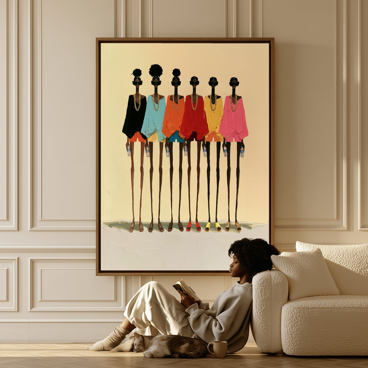 Six Sisters canvas in a living room, a woman reading on the floor