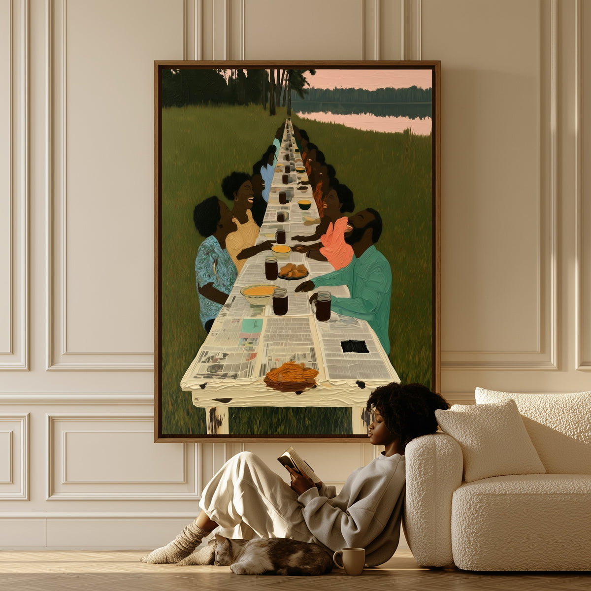 The Long Table canvas in a living room, a woman reading on the floor