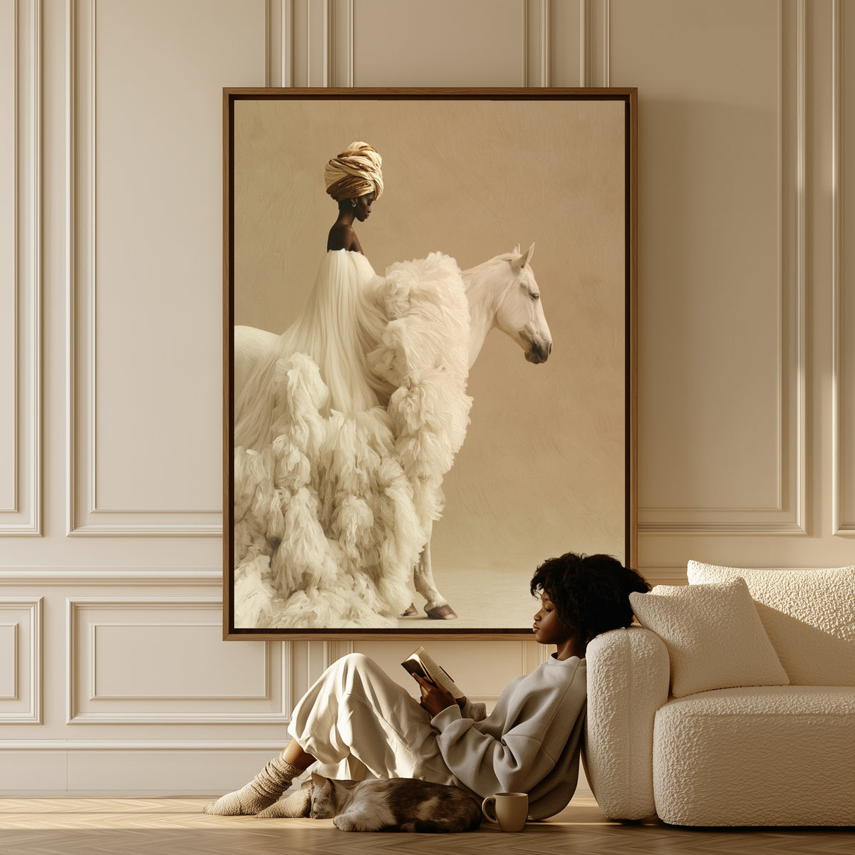 The White Mare canvas in a living room, a woman reading on the floor