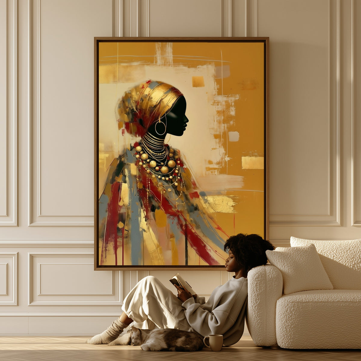 Gilded Memory canvas in a living room, a woman reading on the floor