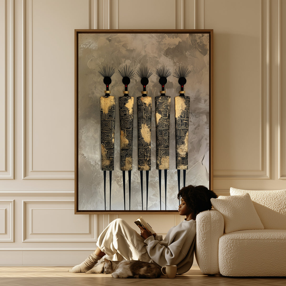 Five Sentinels canvas in a living room, a woman reading on the floor