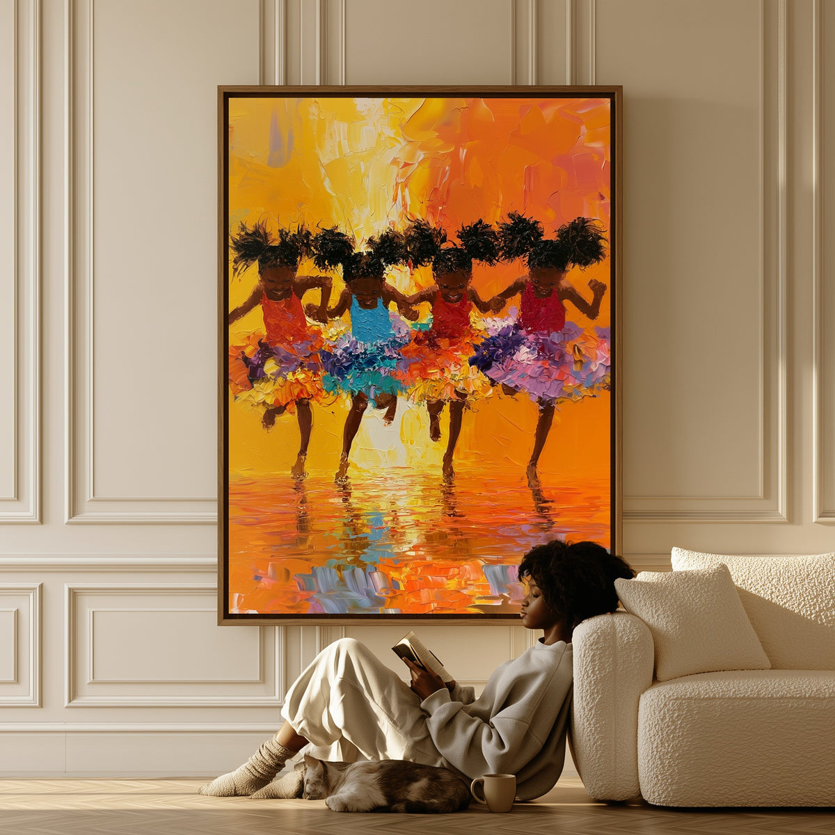 Barefoot Recital canvas in a living room, a woman reading on the floor