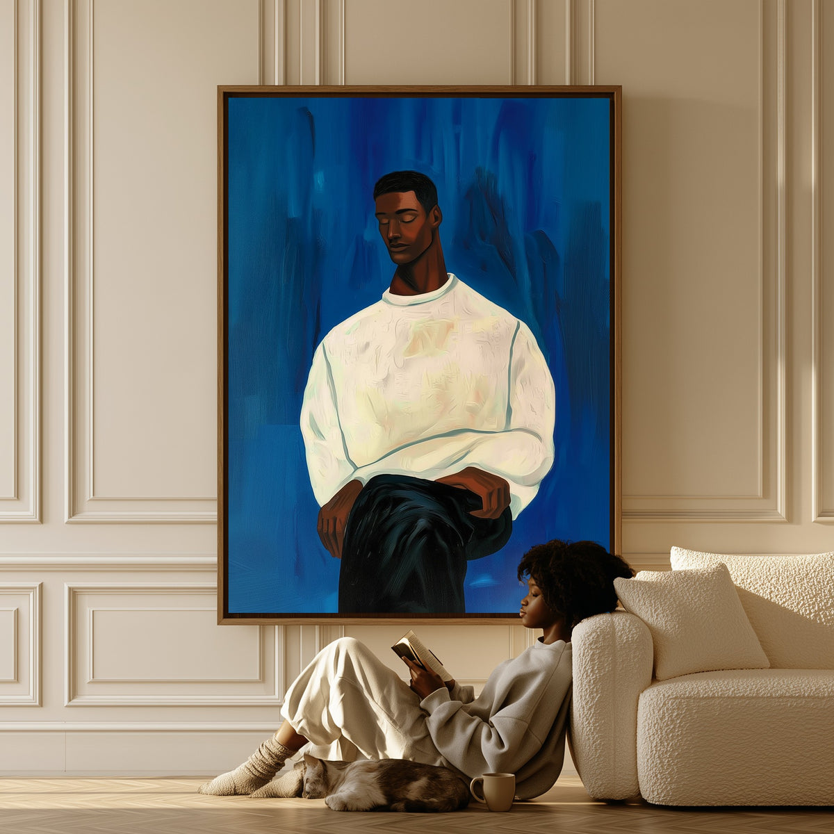 The White Sweater canvas in a living room, a woman reading on the floor