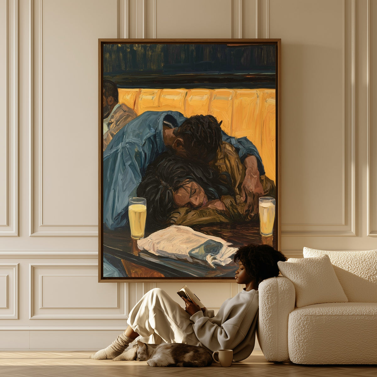 Last Call canvas in a living room, a woman reading on the floor