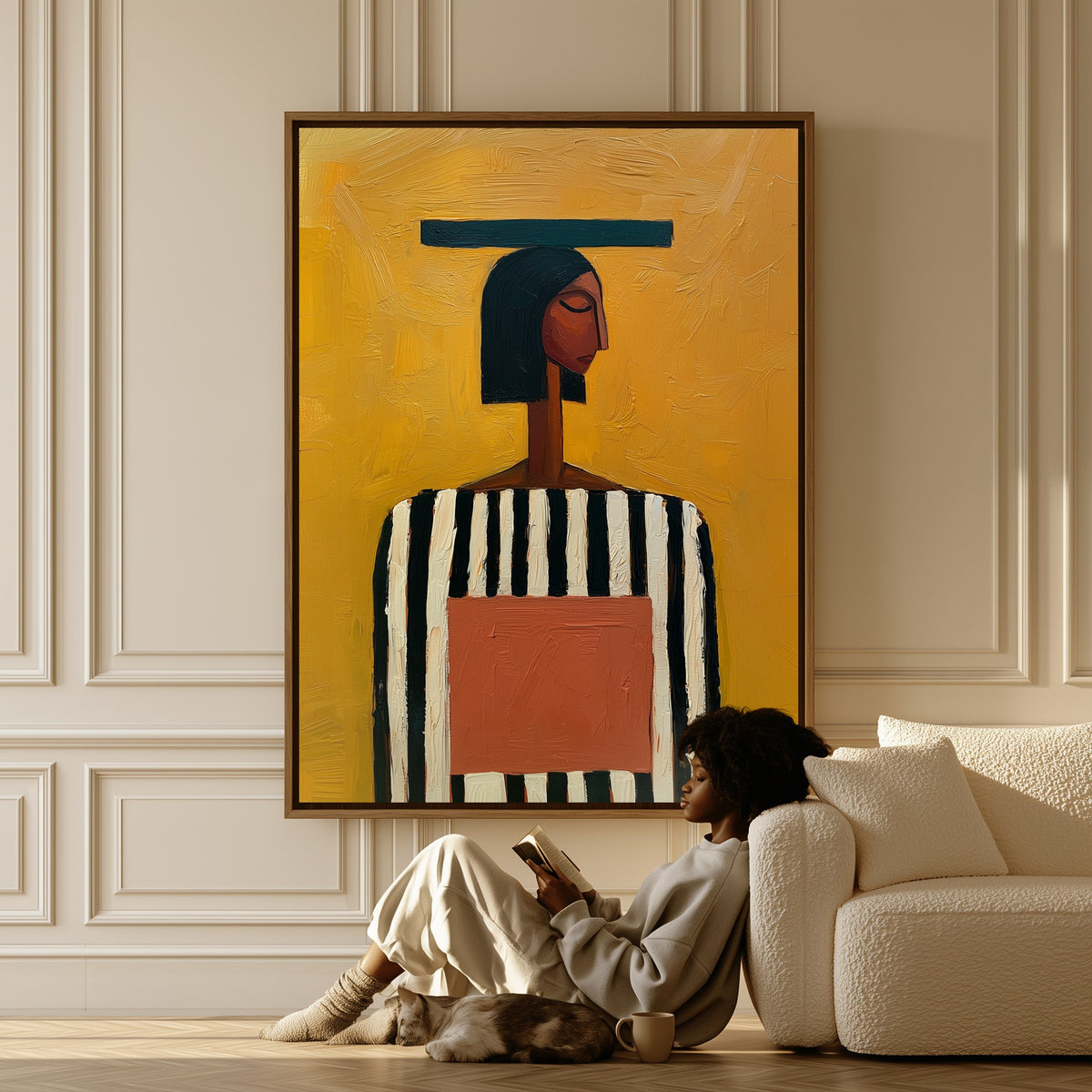Ochre Calm canvas in a living room, a woman reading on the floor