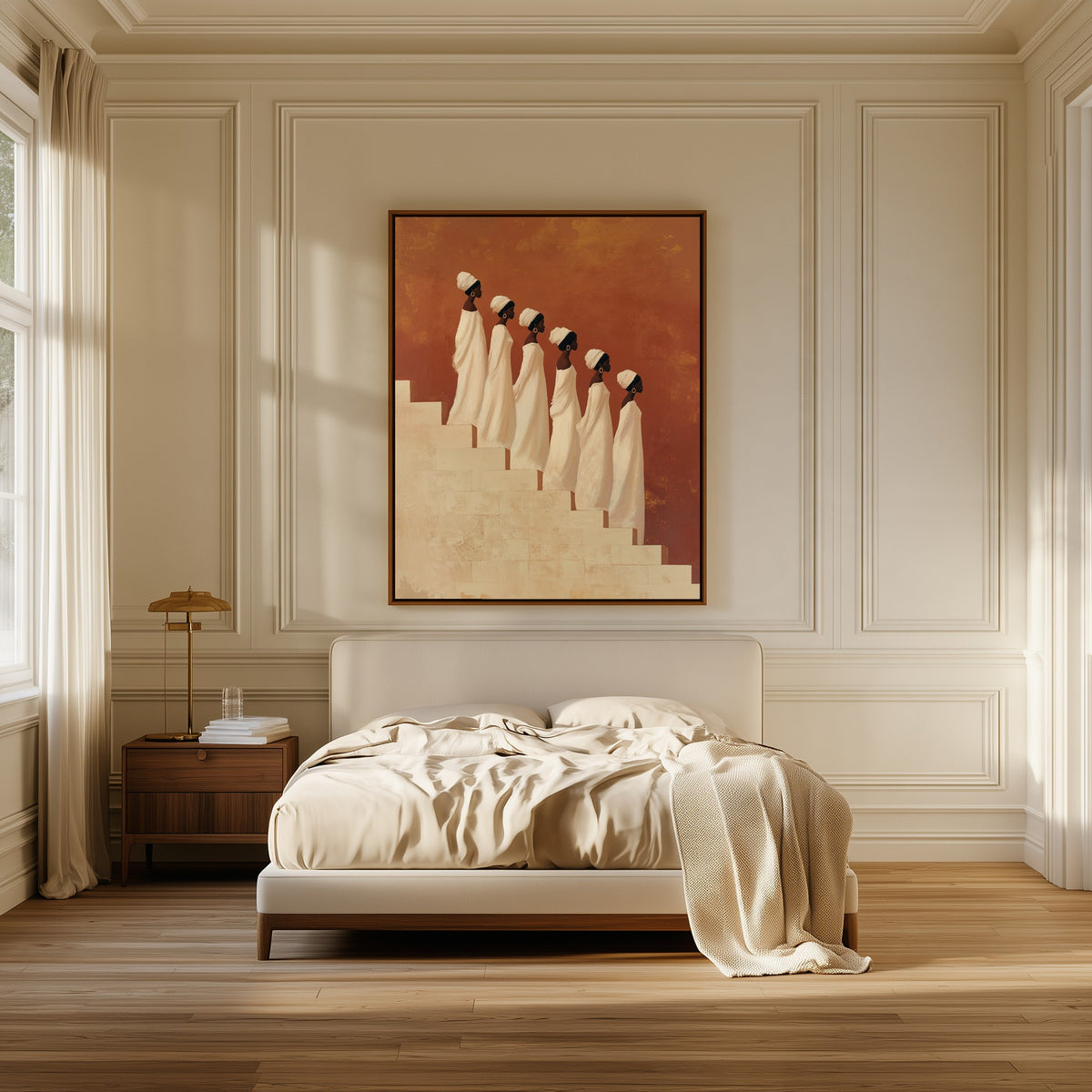 The Procession canvas above the bed in a bedroom