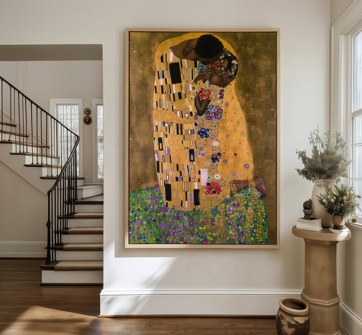 The Golden Kiss framed canvas in an entryway by the stairs