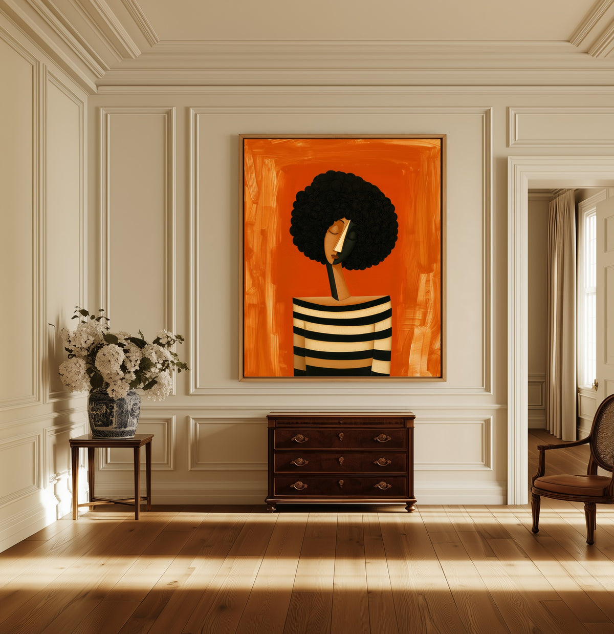 Held Breath canvas above a dark wood chest in a hallway