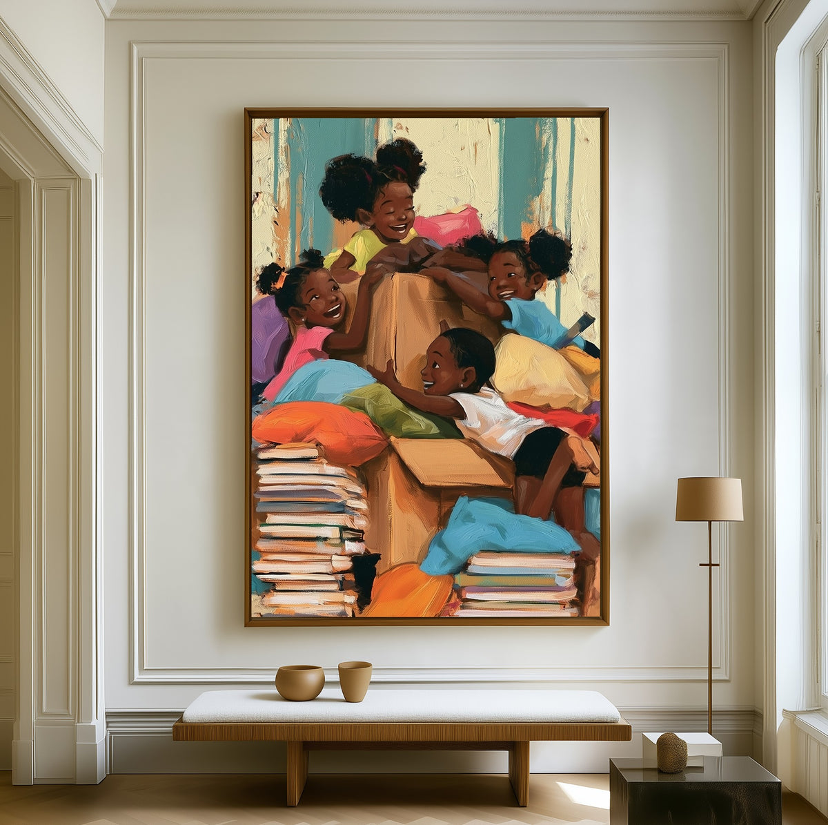 Pillow Fort Afternoon canvas above a walnut bench in a bright living room
