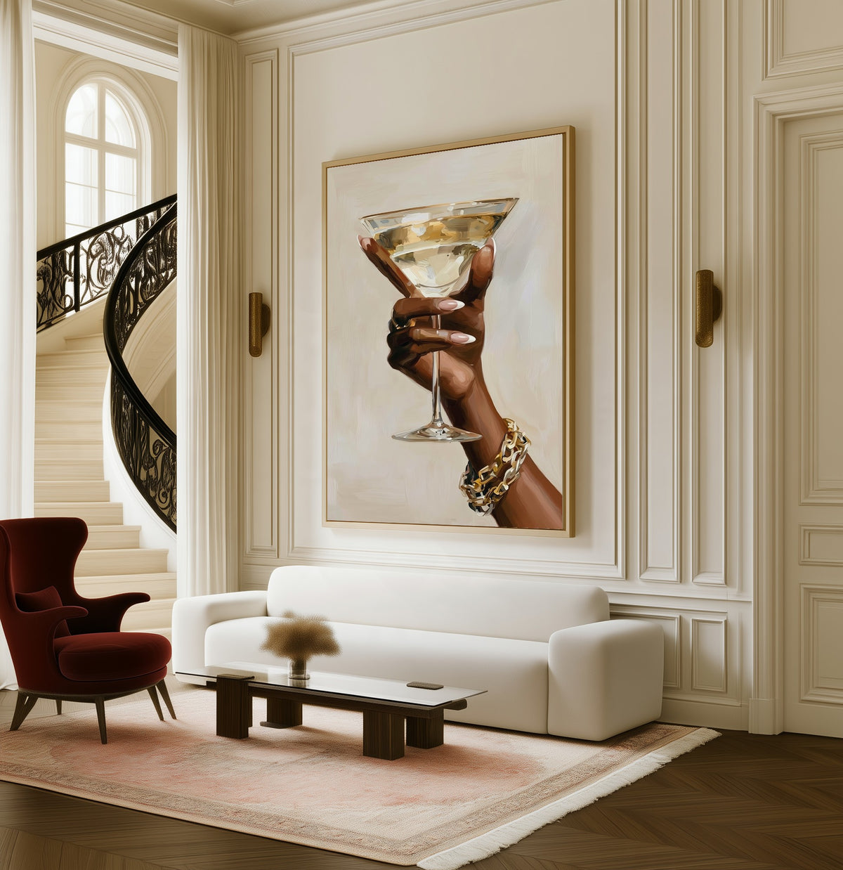 One Last Glass framed canvas in a living room beside a curved staircase