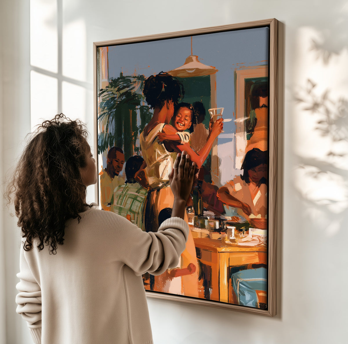 Coming Home for Supper framed canvas, a woman hanging it on a sunlit wall