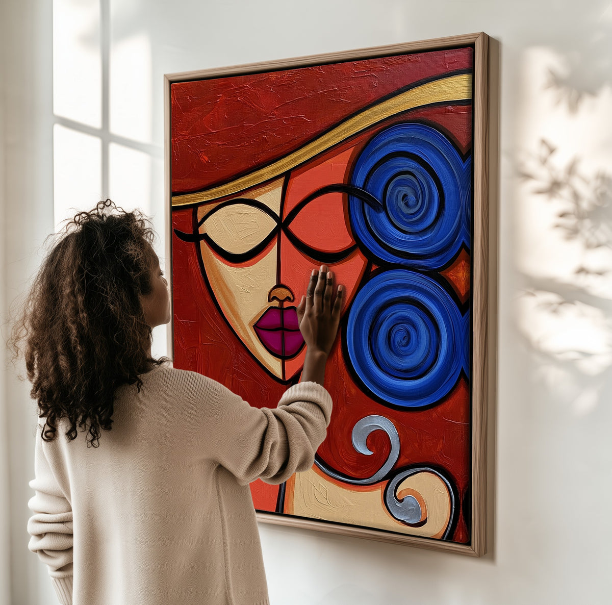 Cobalt Reverie framed canvas, a woman hanging it on a sunlit wall