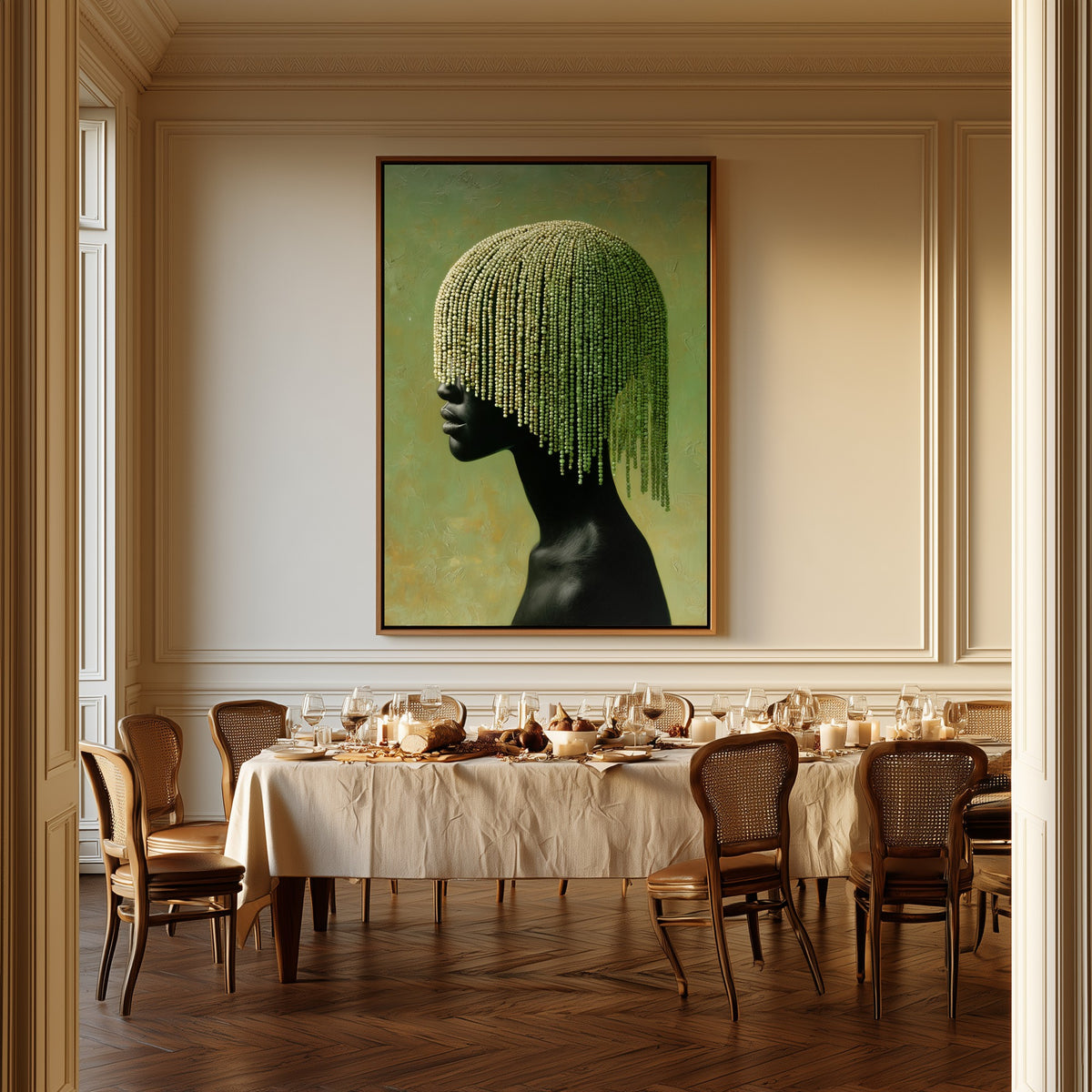 Veil in Sage canvas above a dining table