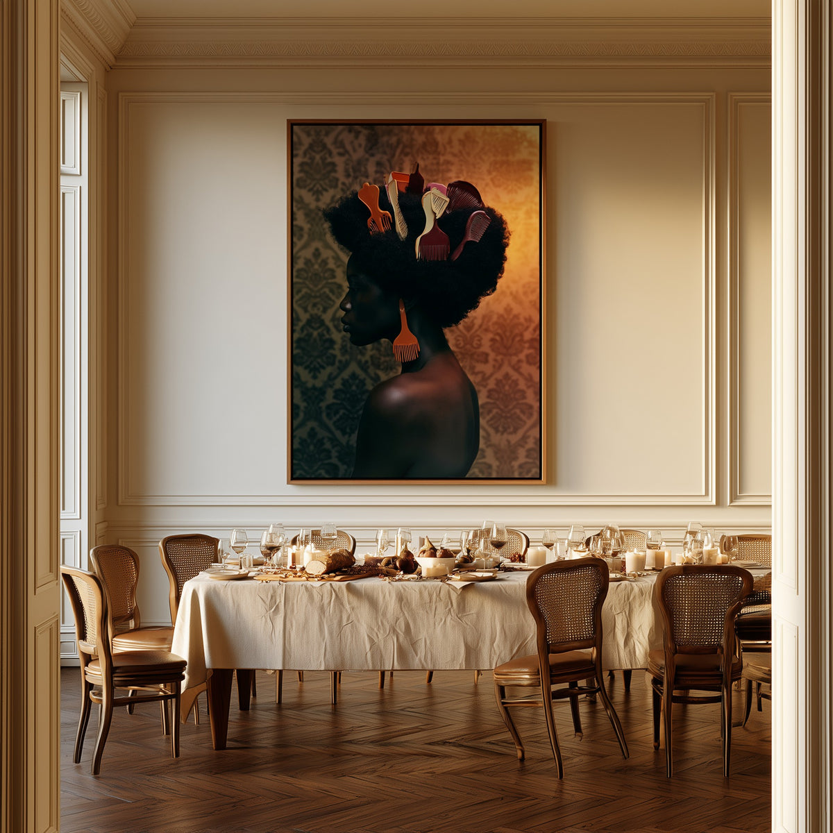 Tended Roots canvas above a dining table