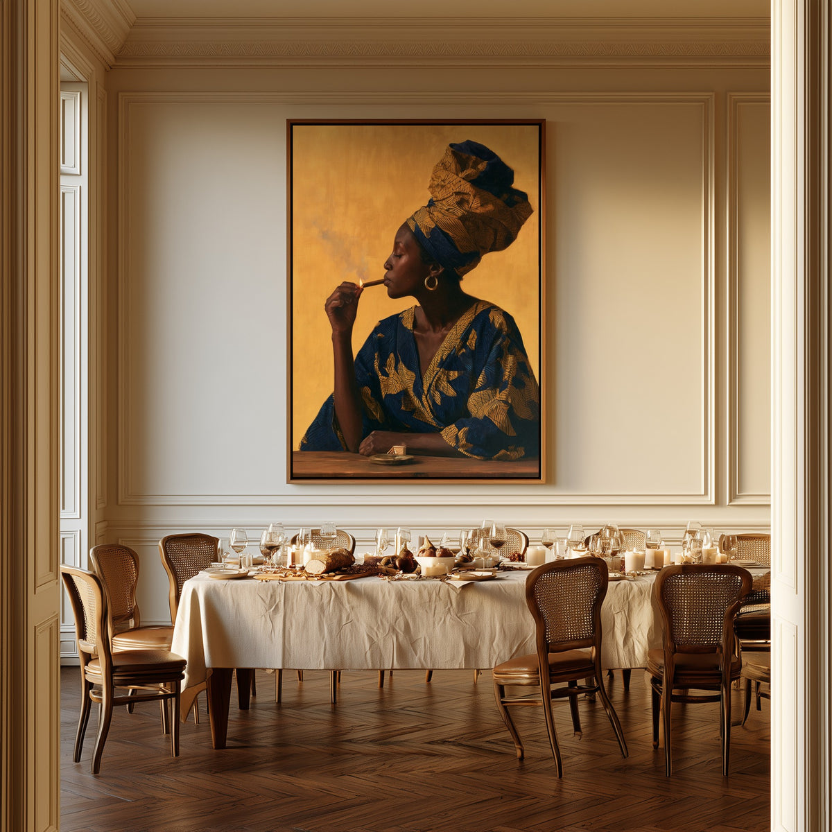 Woman with a Match canvas above a dining table