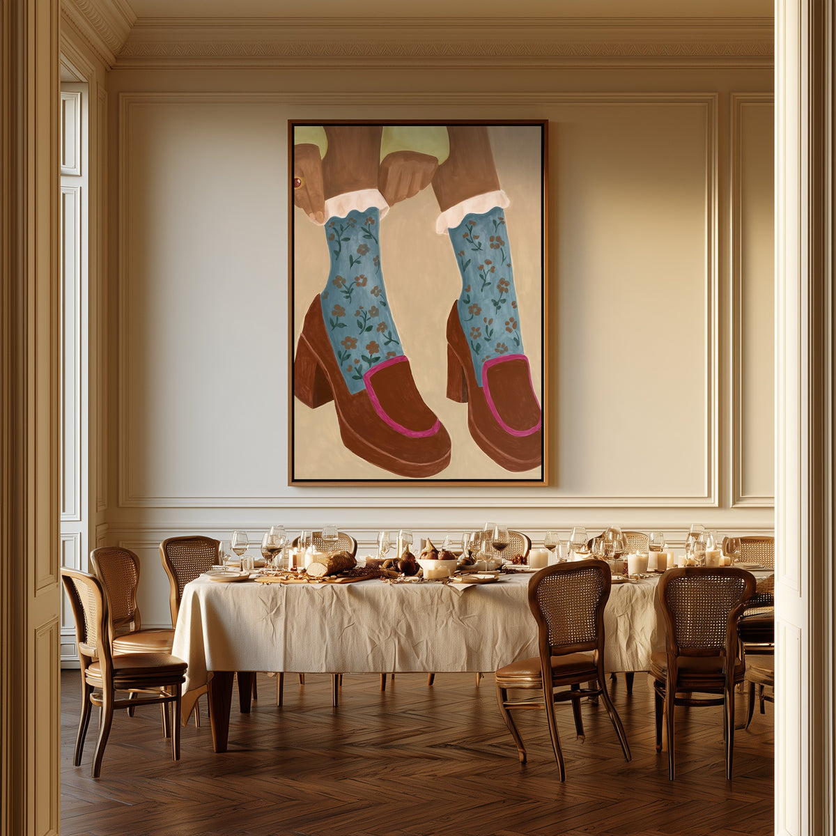 Study in Floral Socks canvas above a dining table