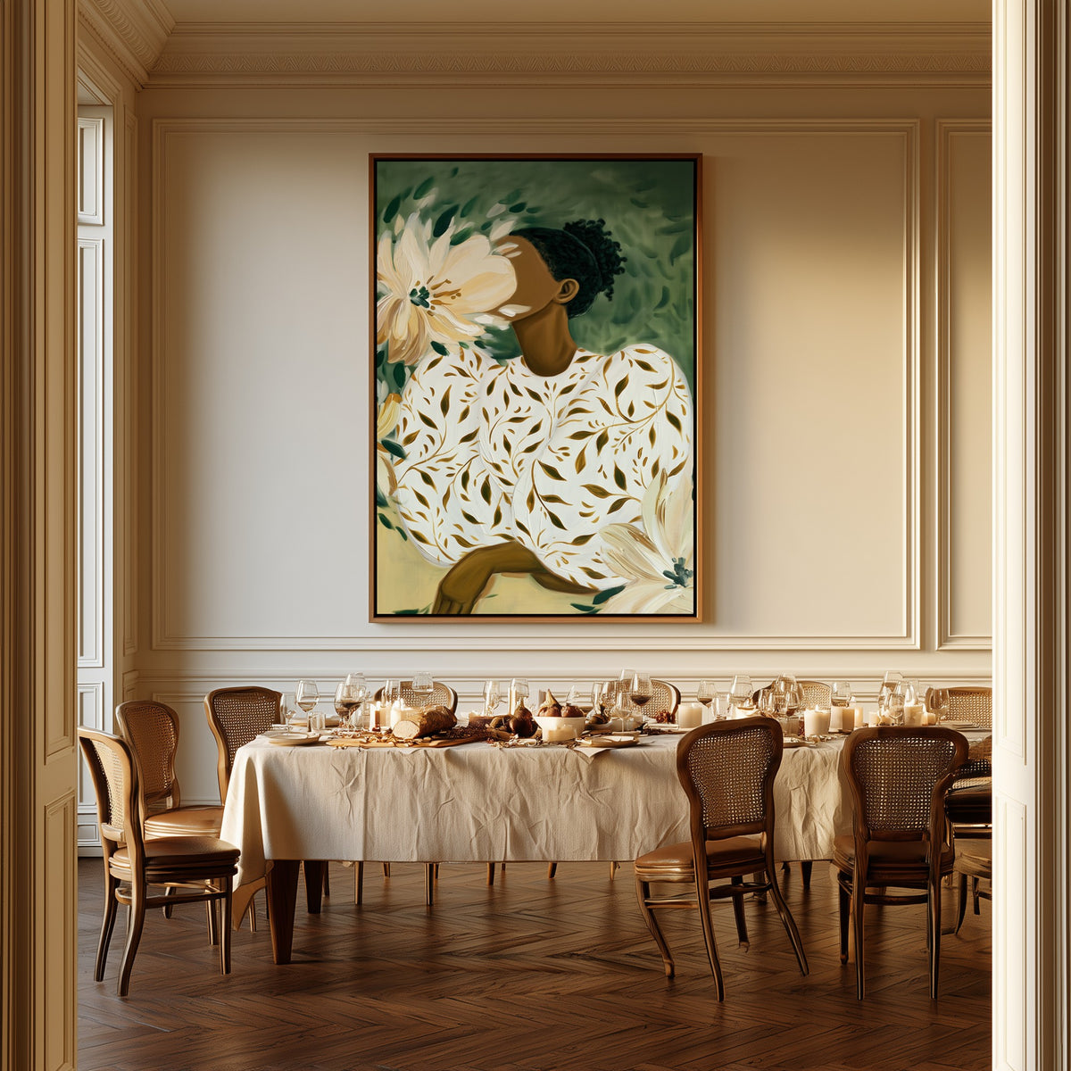 Hidden Bloom canvas above a dining table