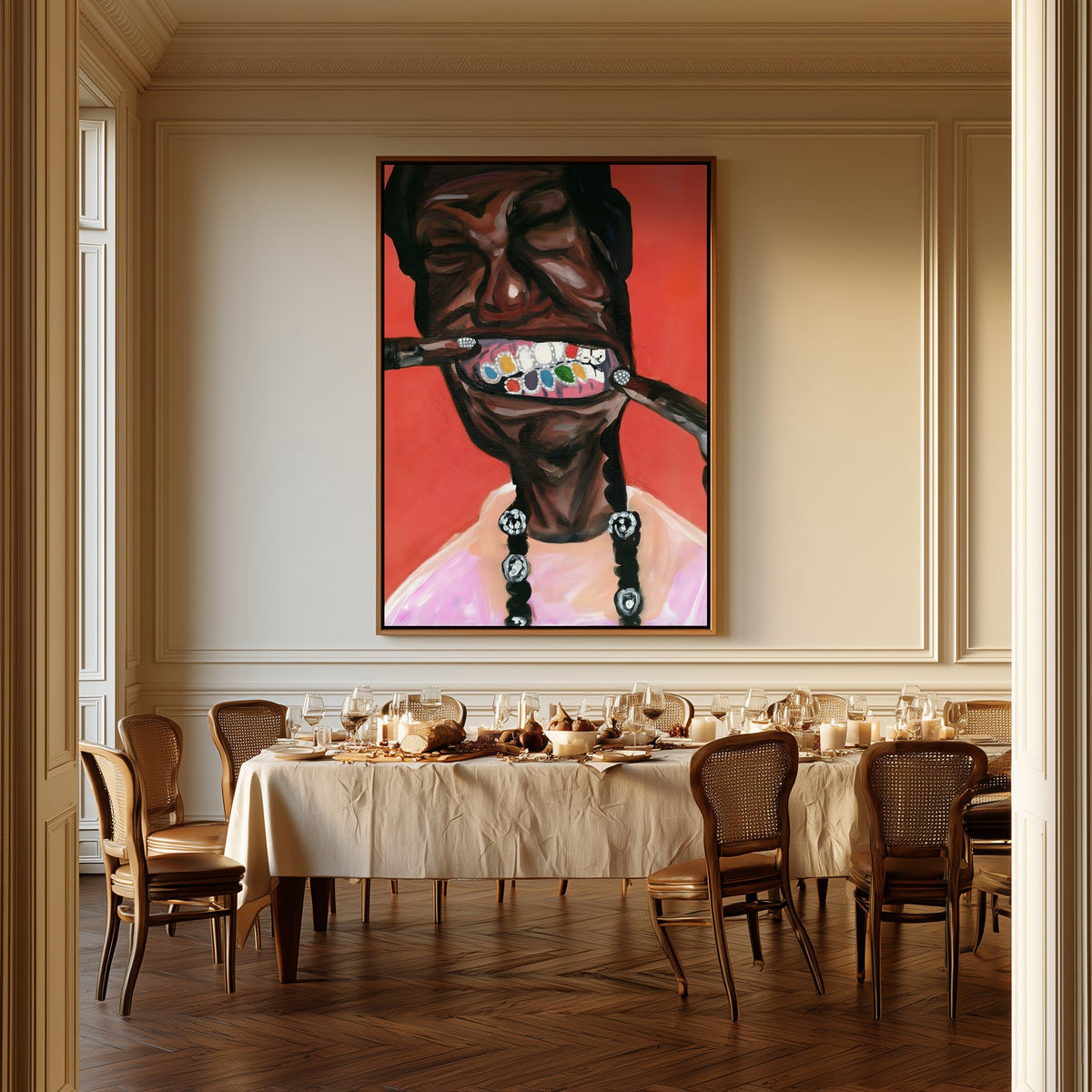 The Grin canvas above a dining table
