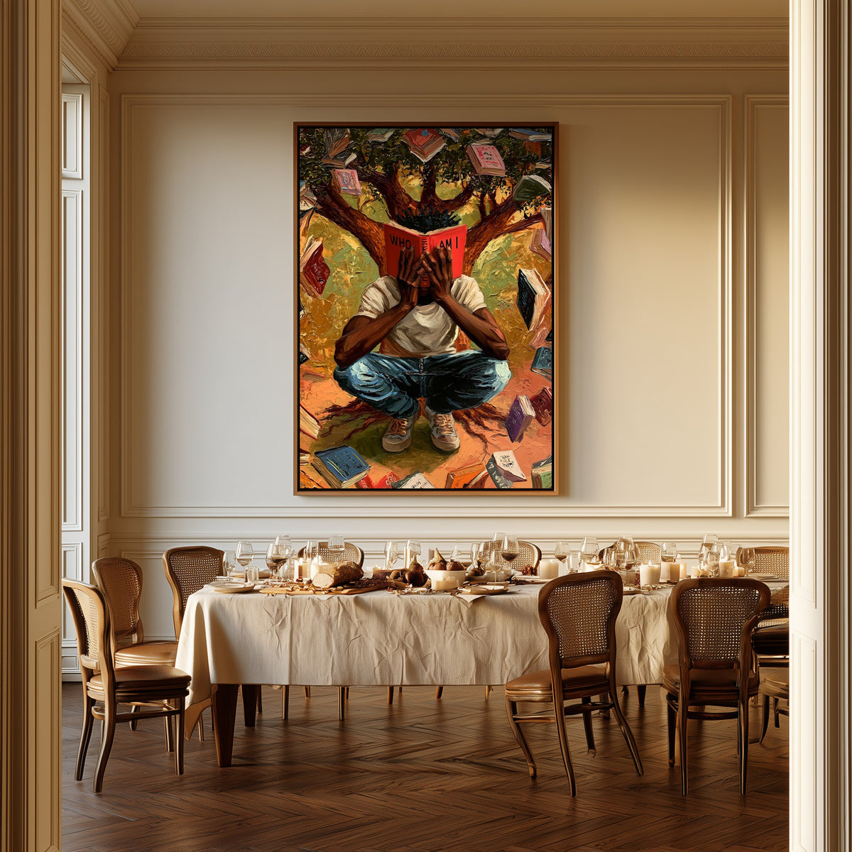 Who Am I canvas above a dining table