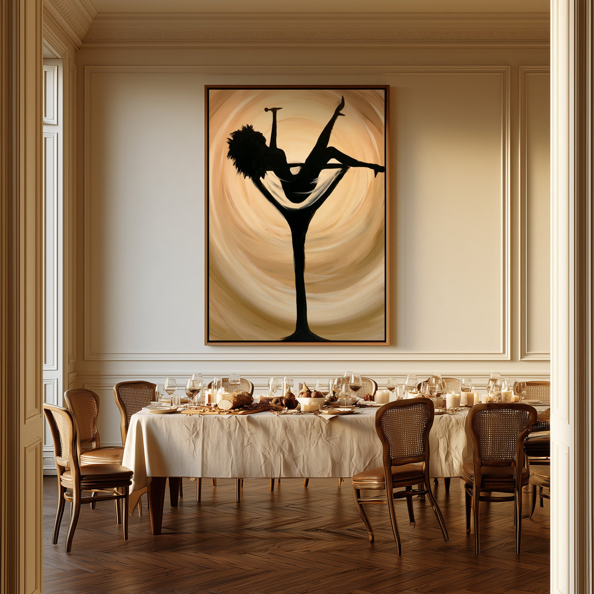 Woman in the Glass canvas above a dining table