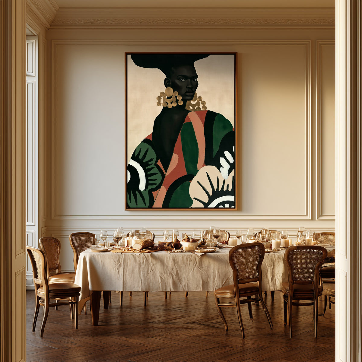 Gold Resonance canvas above a dining table