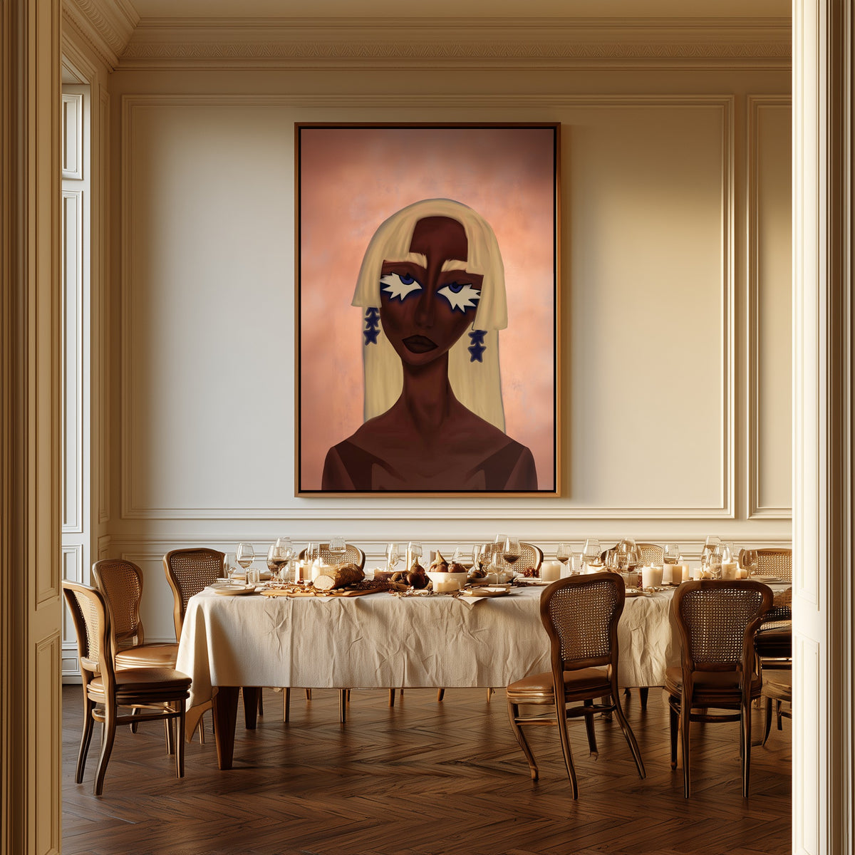 Woman with Painted Stars canvas above a dining table