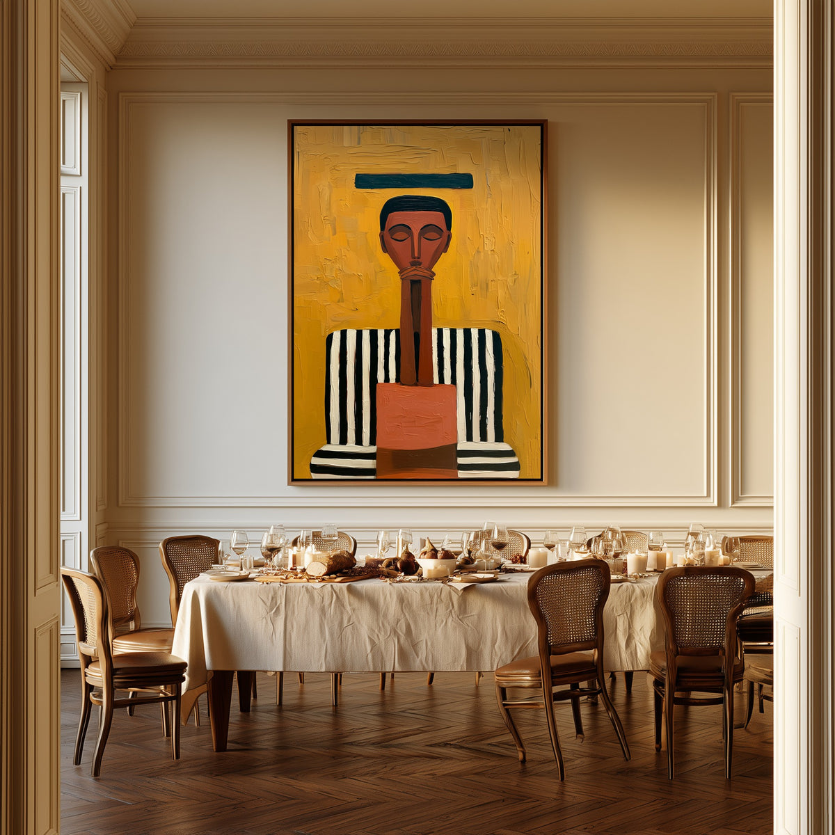 Golden Composure canvas above a dining table