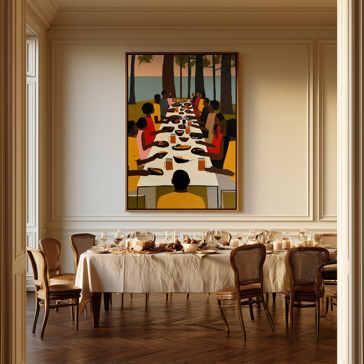 Supper Under the Pines canvas above a dining table