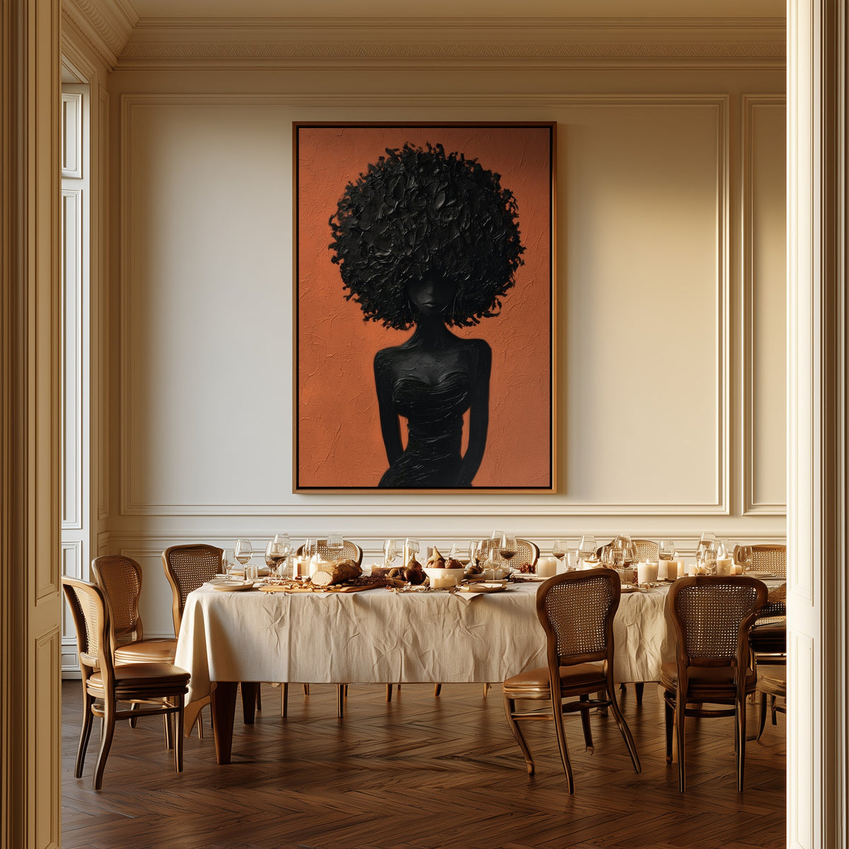 Terracotta Silence canvas above a dining table