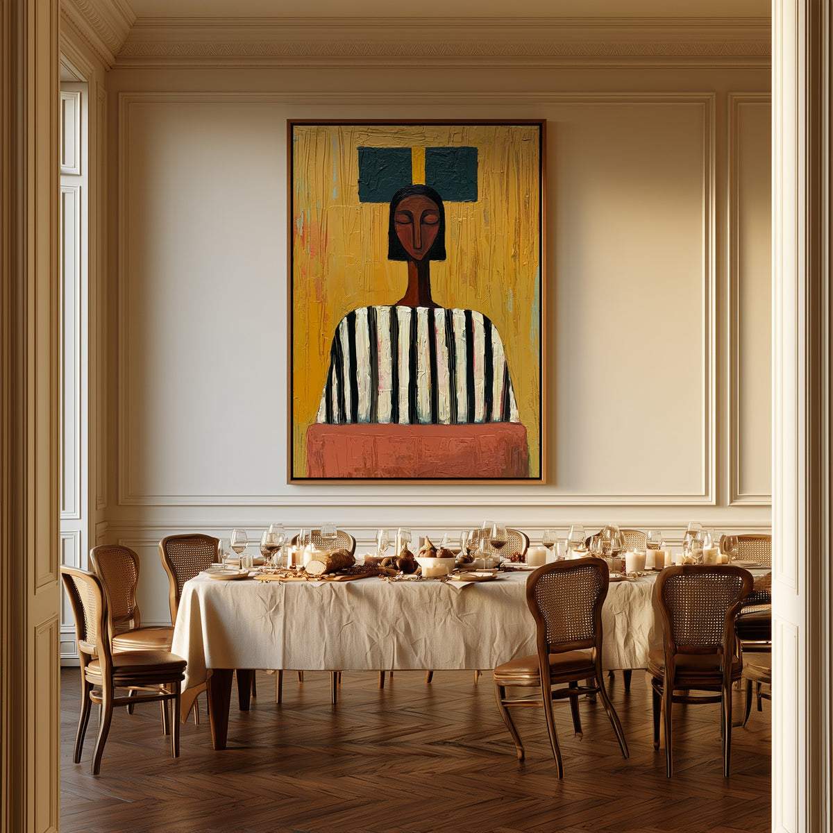 Teal Crown canvas above a dining table
