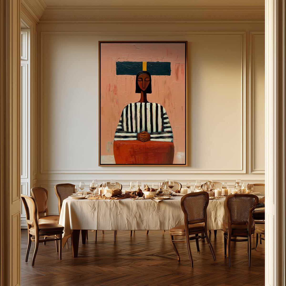 The Carrier canvas above a dining table