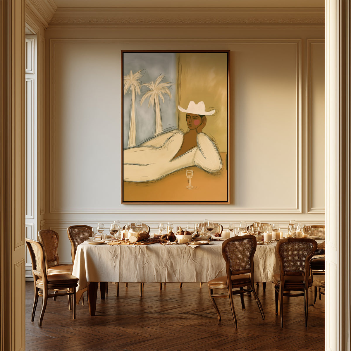 Reclining Figure with Palms canvas above a dining table