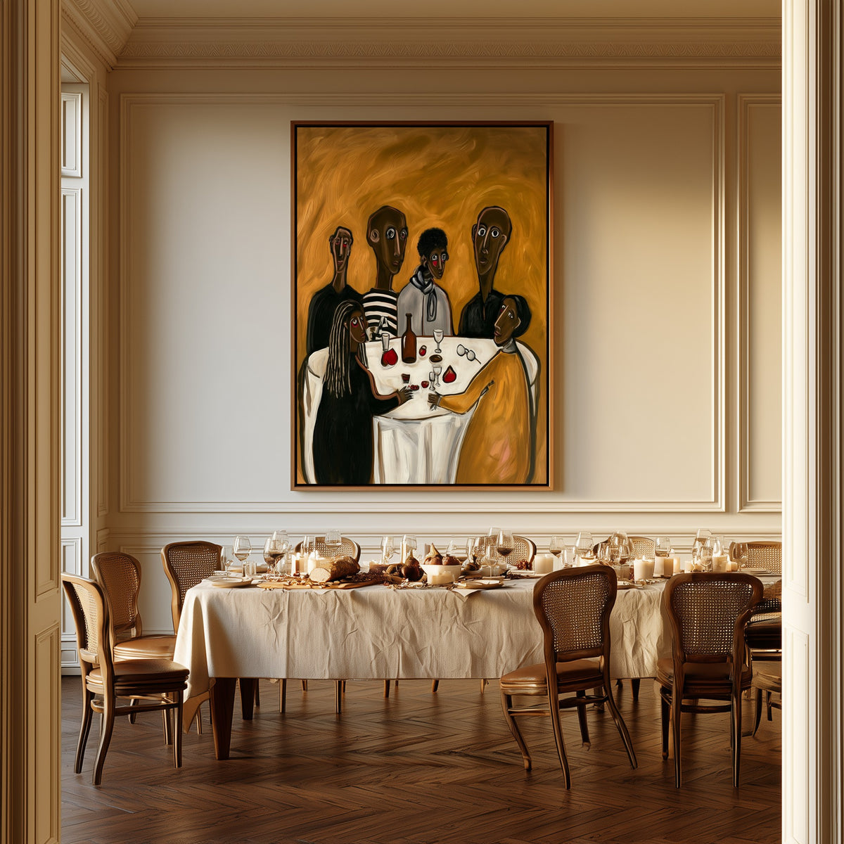 The Second Bottle canvas above a dining table