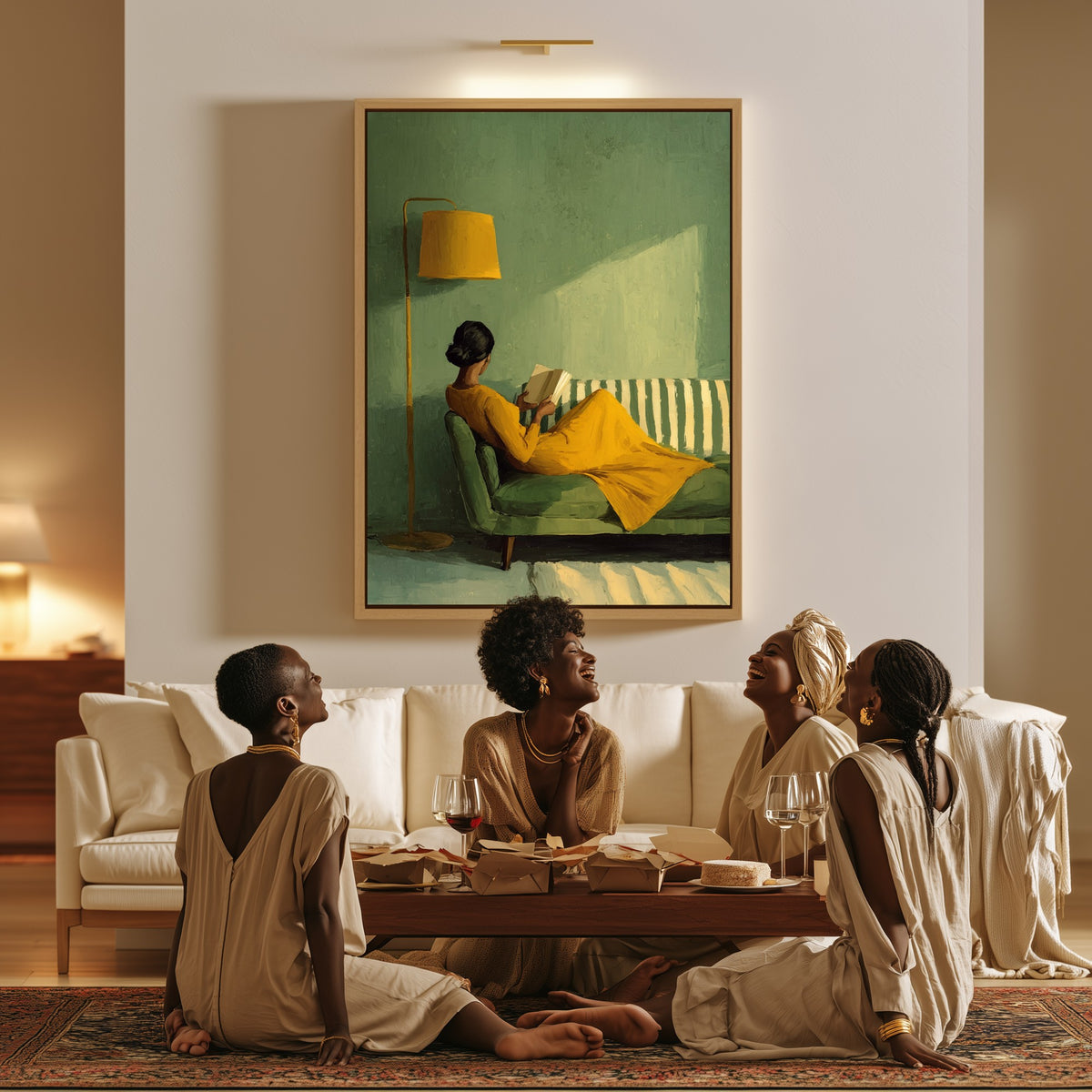 Reader in Yellow canvas in a living room, a family sitting together on the floor