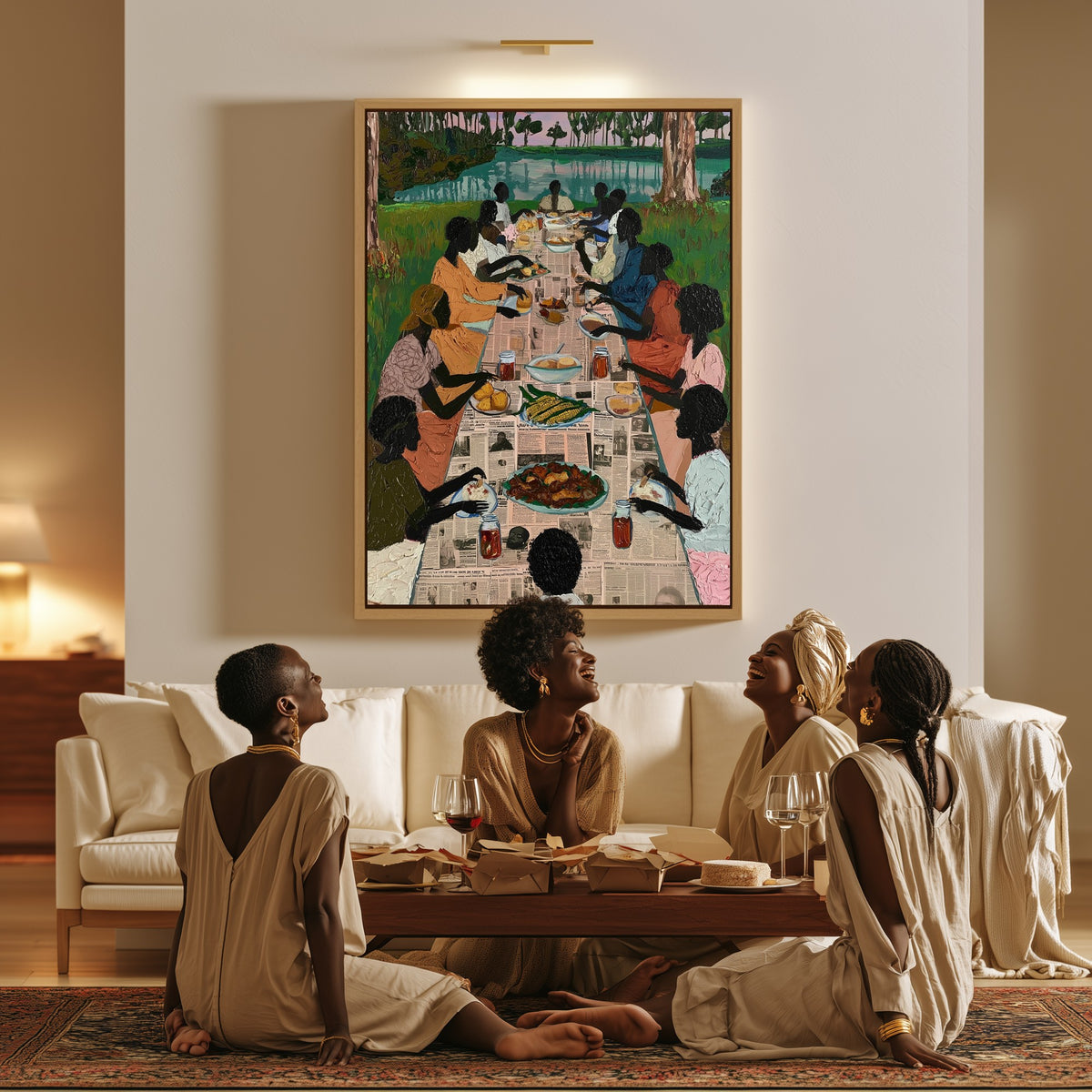 Sunday by the Water canvas in a living room, a family sitting together on the floor
